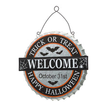 Load image into Gallery viewer, 14&quot;L Lighted Halloween WELCOME Metal Bottle Cap Wall Sign

