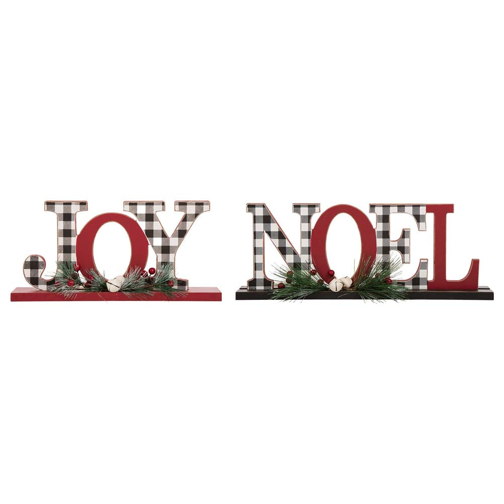 Set of 2 Christmas Wooden Plaid JOY & NOEL Table Decors